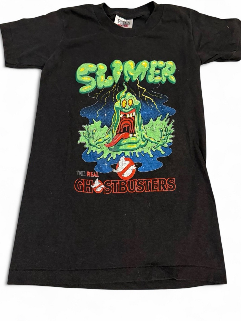 Vintage 90s Slimer Real Ghostbusters Shirt Oneita 50/50 Made in USA Kids M 10-12